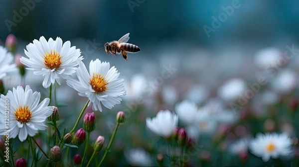 Fototapeta Honeybee in Flight Approaching White Cosmos Flowers Macro Photography in Natural Light with Blurred Green and Blue Background