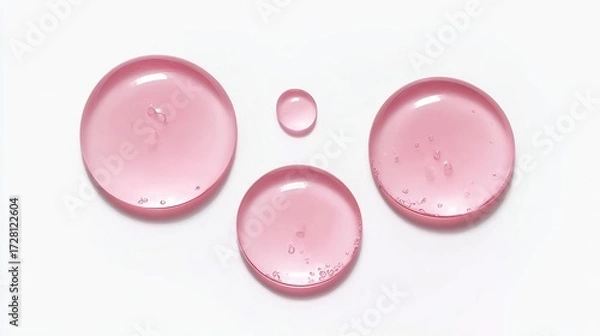 Fototapeta Close-up of translucent pink liquid droplets arranged on a white background, showcasing varying sizes and reflective surfaces.