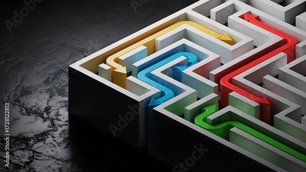 Fototapeta Navigating a complex maze with colorful arrows representing strategic paths and solutions for problem solving