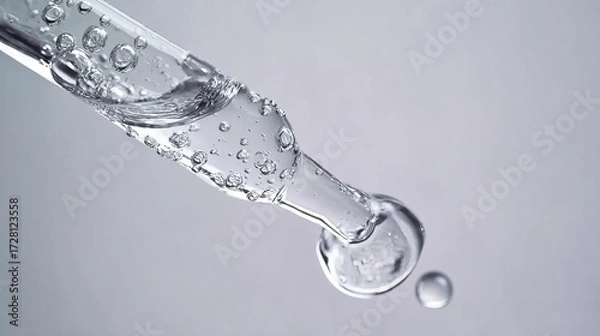 Fototapeta A close-up view of a glass pipette releasing a clear liquid, capturing the formation of bubbles and droplets against a neutral background.