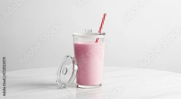 Fototapeta Glass of pink strawberry milkshake with straw and lid on marble surface.