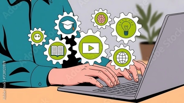 Fototapeta Online education concept illustration depicting gears connected with symbols for learning and technology