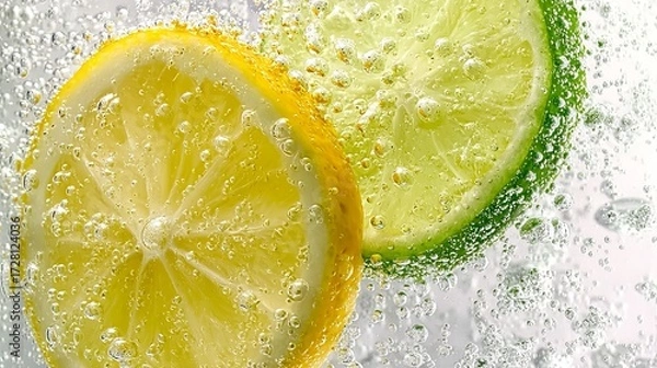 Fototapeta A close-up of a vibrant lemon and lime slice submerged in water, showcasing their juicy textures and refreshing colors.