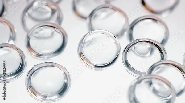 Fototapeta Close-up of transparent spherical objects arranged on a reflective surface, showcasing clarity and symmetry.