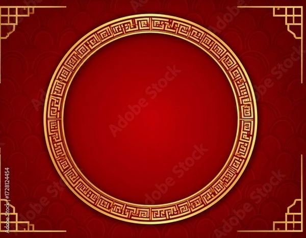 Fototapeta Red background with gold circular frame