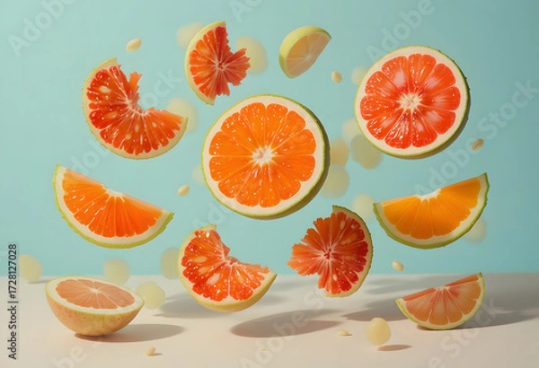 Fototapeta Fresh Grapefruit Slices and Juice Flying in Mid Air in Front of Blue and White Background