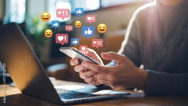 Fototapeta Person scrolling through social media on a mobile phone with floating emoji icons representing likes and hearts