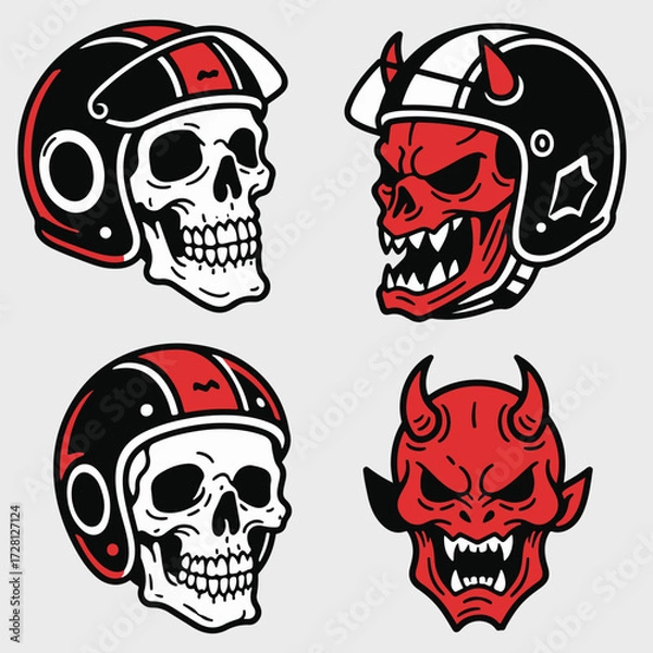 Obraz Old School Tattoo Style Biker Skull and Devil Head Vector Set