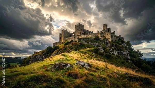 Obraz An ancient castle on a hilltop under a dramatic cloudy sky, ultra realistic HDR clarity, 8K resolution