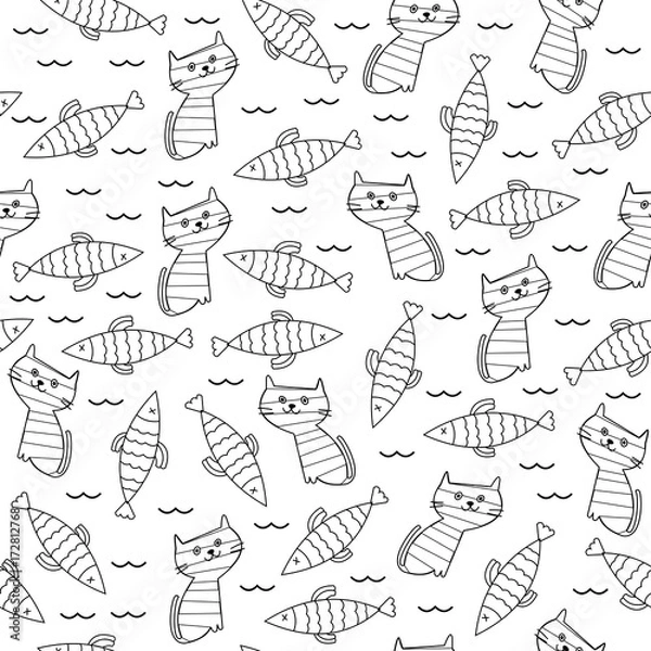 Obraz Vector seamless pattern. Cute kittens and fish. Kid's background.