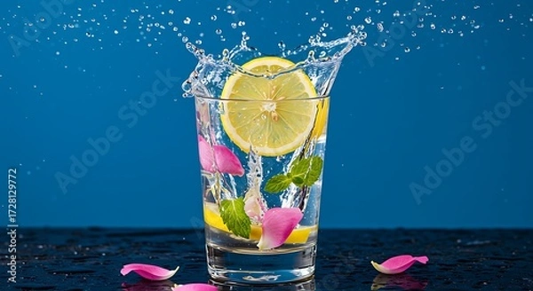 Obraz Refreshing Splash: Lemon Slice and Mint Splashing in a Glass of Clear Water