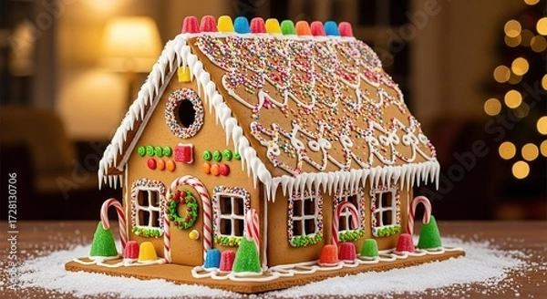 Fototapeta Colorful gingerbread house decorated with candies, icing, and sprinkles on table.