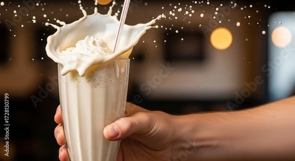 Fototapeta Splashing vanilla milkshake with whipped cream in glass, captured in motion.