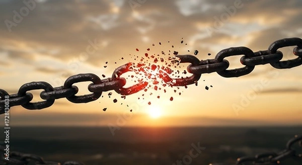 Obraz Broken Chain Link Exploding at Sunset, Freedom Concept