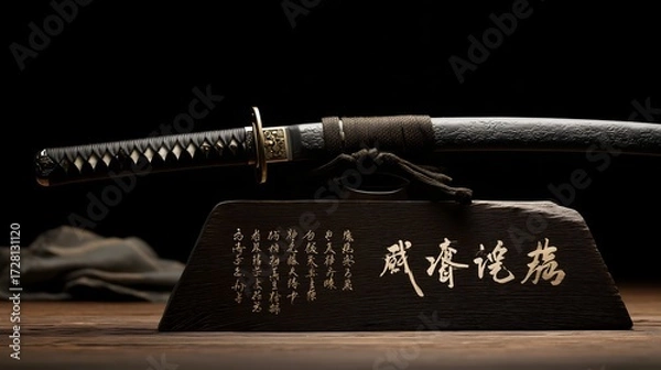 Obraz Katana Blade and Handle on Stand, Elegant Presentation