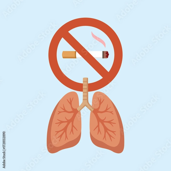 Obraz Illustration of a smoking ban with a cigarette symbol crossed out over human lungs, depicting a lung health campaign and the dangers of smoking for breathing.