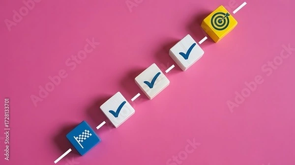Fototapeta Progress towards achieving goals represented by blocks and a linear path on a vibrant pink background signifying success