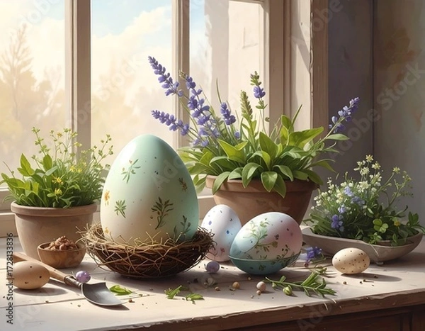 Fototapeta Springtime Easter eggs and flowers by the window