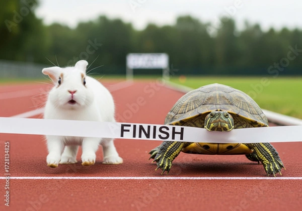 Fototapeta a rabbit and a turtle running race