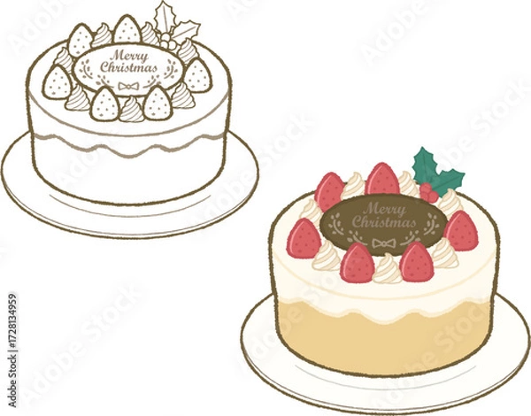 Fototapeta Hand Drawn Christmas Cake with Strawberries and Cream