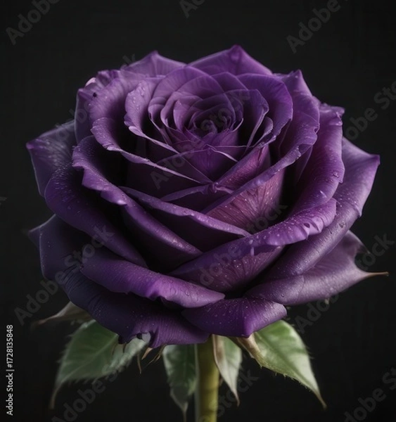 Fototapeta Close-up of a purple rose against a black background, velvety petals,  dew,  simplicity,  fragility