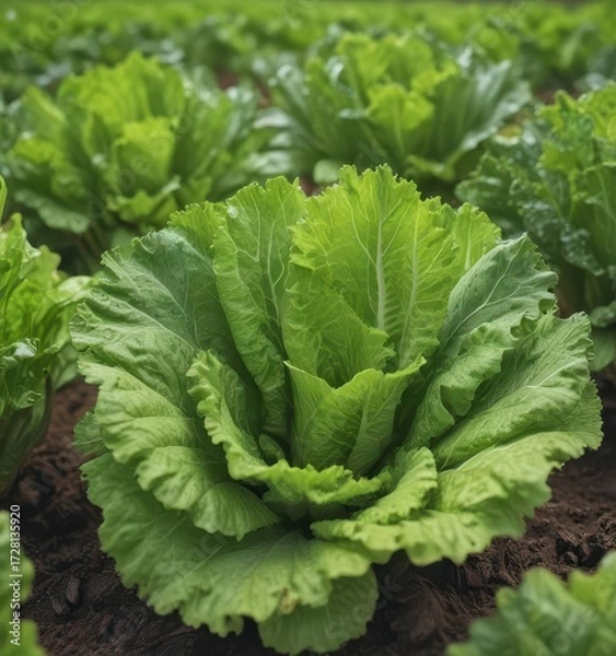 Fototapeta Close-up of vibrant green lettuce leaves growing in field,  crop,  local,  diet