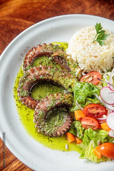 Fototapeta A modern and sophisticated seafood recipe. Grilled octopus served with spices, spicy lemon sauce, and aromatic herbs, accompanied by salad and rice on a white plate.
