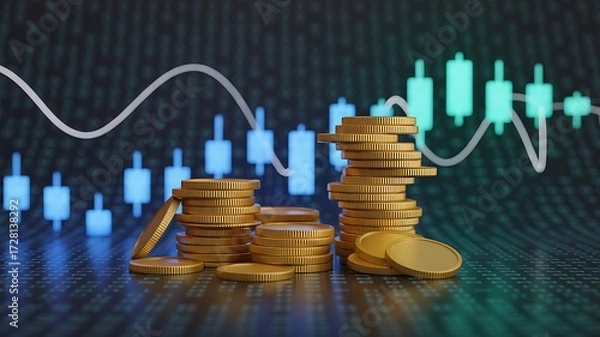 Fototapeta Stacked golden coins representing investment growth and financial success with a digital stock market chart