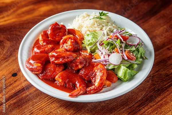 Fototapeta A plate of camarones a la diabla, spicy shrimp cooked in a rich red sauce, served with white rice and a side salad.