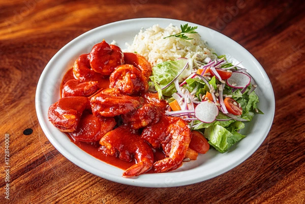 Fototapeta A plate of camarones a la diabla, spicy shrimp cooked in a rich red sauce, served with white rice and a side salad.