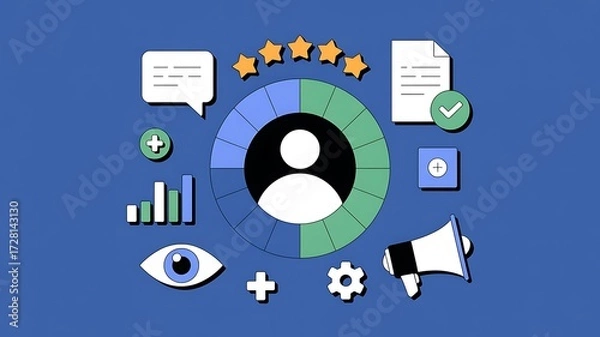 Fototapeta User experience and customer satisfaction concept represented with ratings and visual elements on a blue background