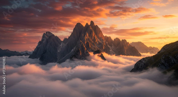 Fototapeta Majestic Mountain Range with Rugged Peaks in Sunrise Light Surrounded by Clouds