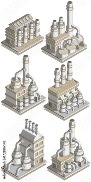 Obraz Set of industrial buildings. Isolated on white background. Isometric. Vector illustration.