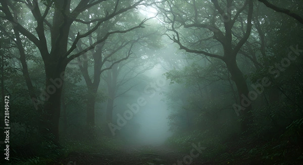 Fototapeta Misty Forest Path with Tall Trees and Green Foliage in Soft Light