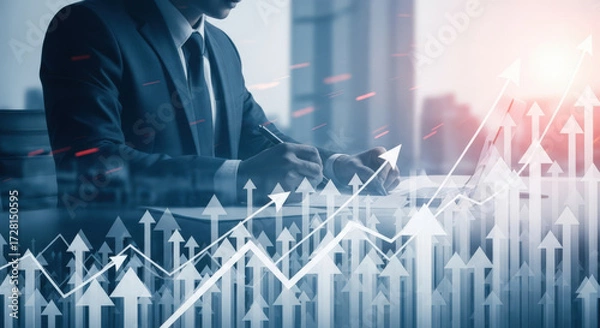 Fototapeta Businessman analyzing financial growth charts and upward trends.