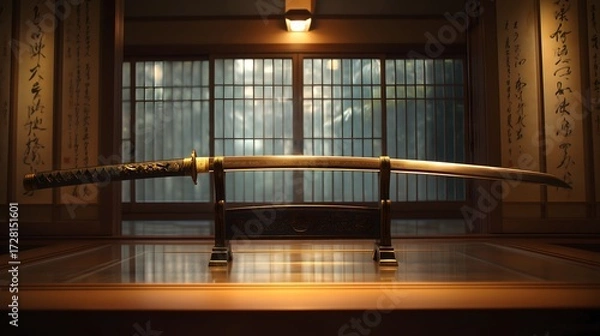 Obraz Samurai Katana on Display Stand, Heritage Theme