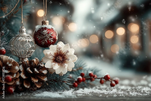 Obraz Elegant Christmas Background with White Snowflakes and Red Ornaments, Winter Wonderland for Holiday Designs