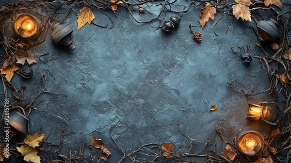 Fototapeta A creepy Halloween border of dry twigs, black leaves, and flickering lanterns .