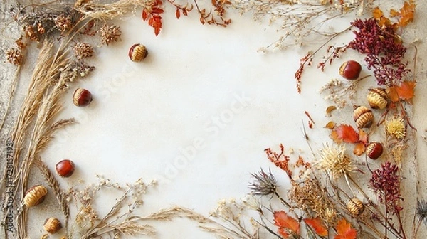Fototapeta A delicate autumn frame with dried acorns, wild grasses, and thistle flowers on a white canvas .