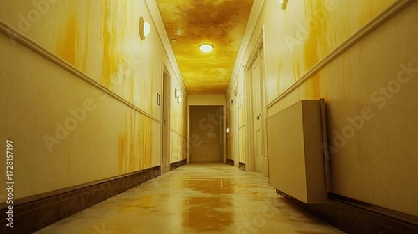 Fototapeta A hallway with yellow stains on the ceiling from leaks above .