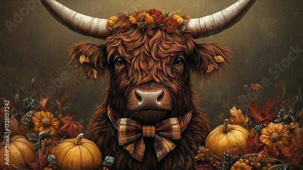 Fototapeta A Highland Cow with a festive bow tie and a cornucopia for Thanksgiving .