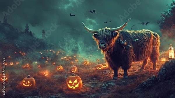 Fototapeta A Highland Cow with Halloween lanterns glowing in a spooky, misty pumpkin patch .
