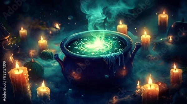 Fototapeta A witch potion bubbling in a cauldron, surrounded by glowing candles .