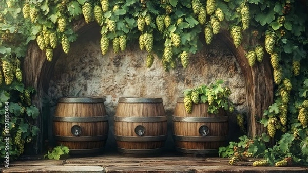 Fototapeta Beer barrels and hops framing the scene in rustic tones .