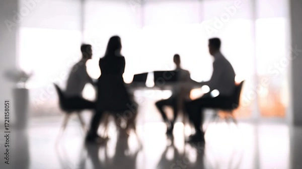 Fototapeta A blurred image of four individuals seated around a table in a modern office setting, engaged in a discussion or meeting.