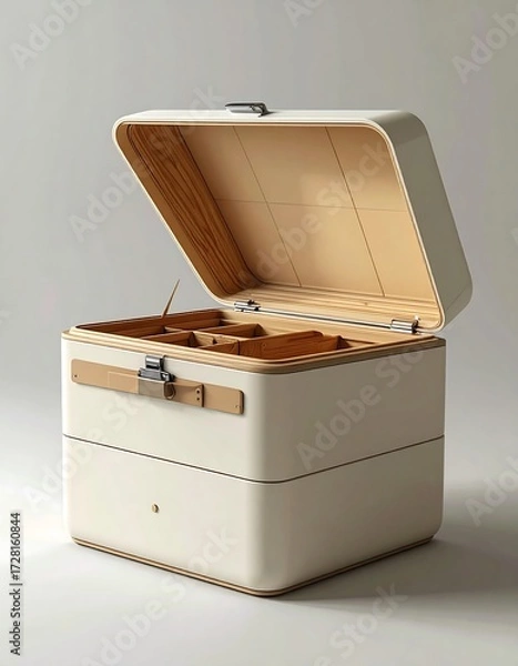 Fototapeta Modern, open, wooden-lined storage box