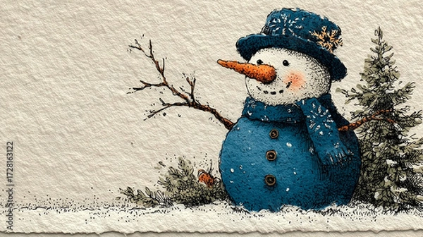 Obraz Hand-painted Christmas border with minimalist snowman illustration, blue snowflakes and editable white space, clean background
