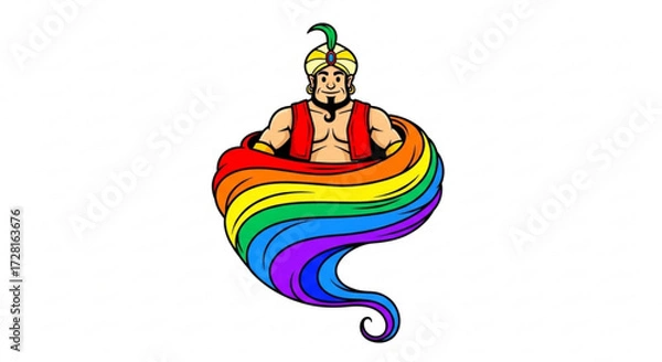 Fototapeta A cartoon genie with a rainbowcolored tail emerges from a lamp, he wears a turban and vest, and has a muscular build