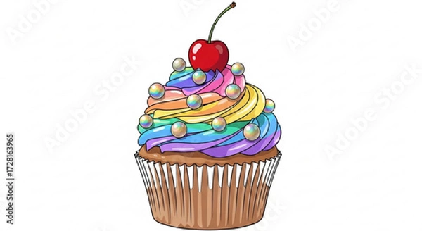 Fototapeta A delightful cupcake, adorned with rainbow frosting, shimmering pearl sprinkles, and a luscious red cherry on top, a sweet treat