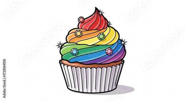 Fototapeta A sparkling rainbow cupcake, adorned with gems and vibrant colors, perfect for celebrating pride and sweet treats